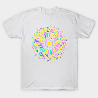 Geometric repeated elements in round ornament in random bright neon colors T-Shirt